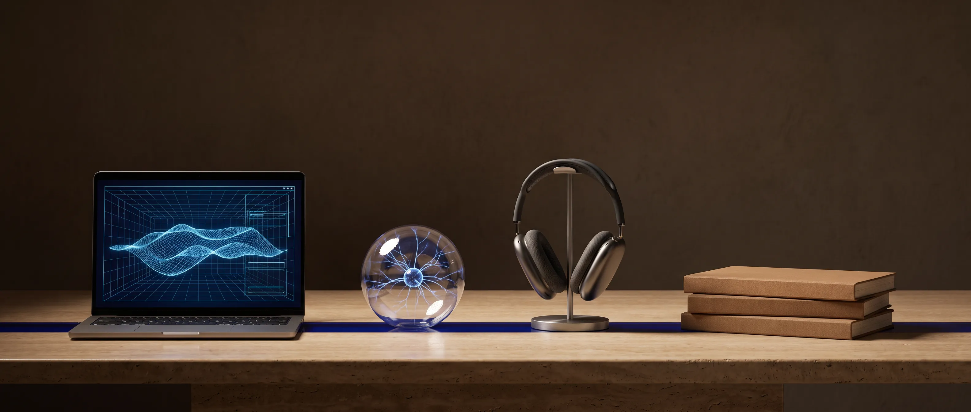 Abstrakte Glas- und Aluminiumplatten mit blauen Lichtlinien