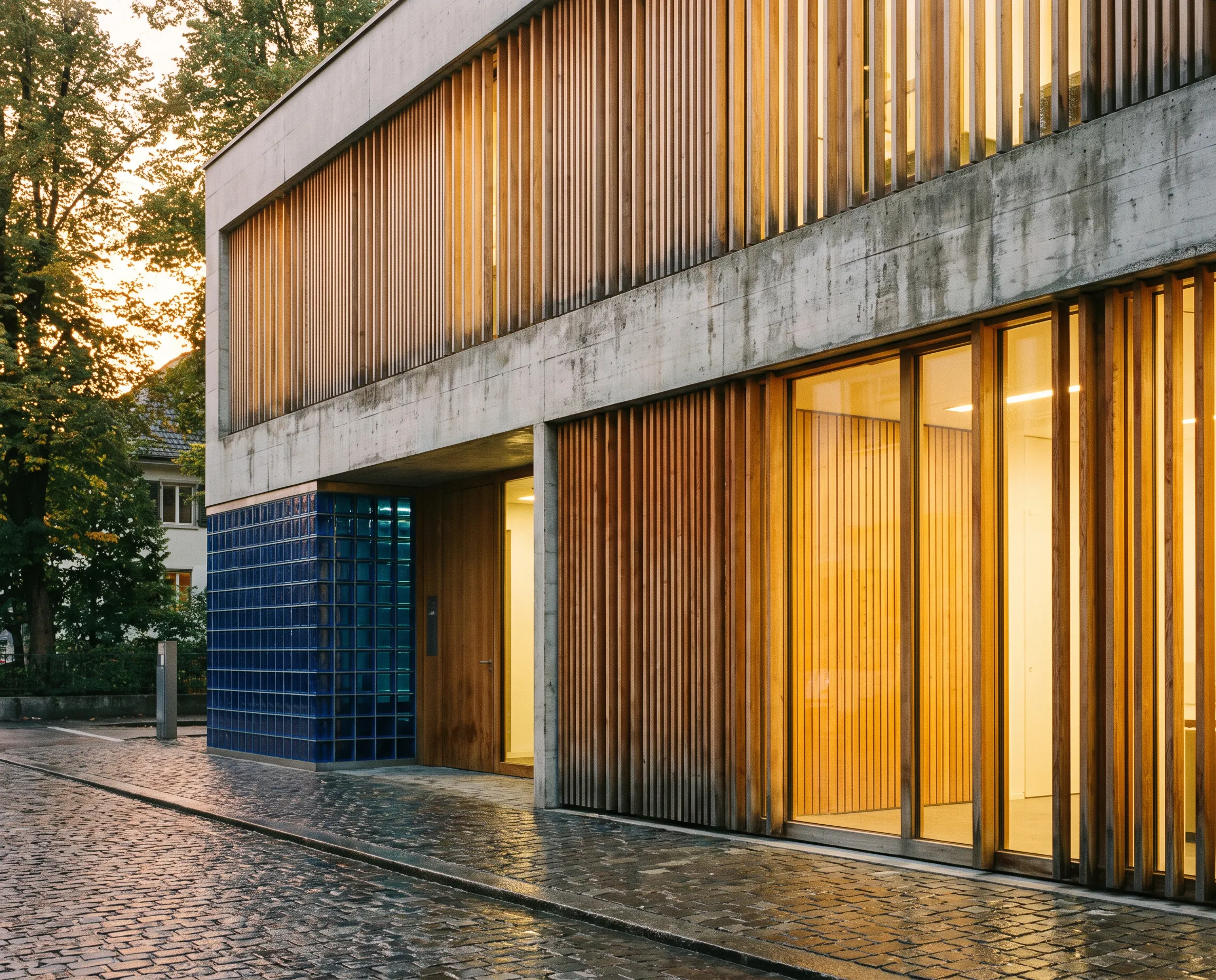 Fassade eines modernen Bürogebäudes mit Holzpaneelen und Glas